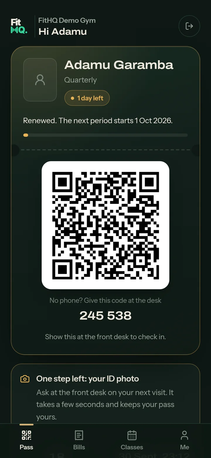 The member app: the member's QR pass with their plan, days left and their check-in code.