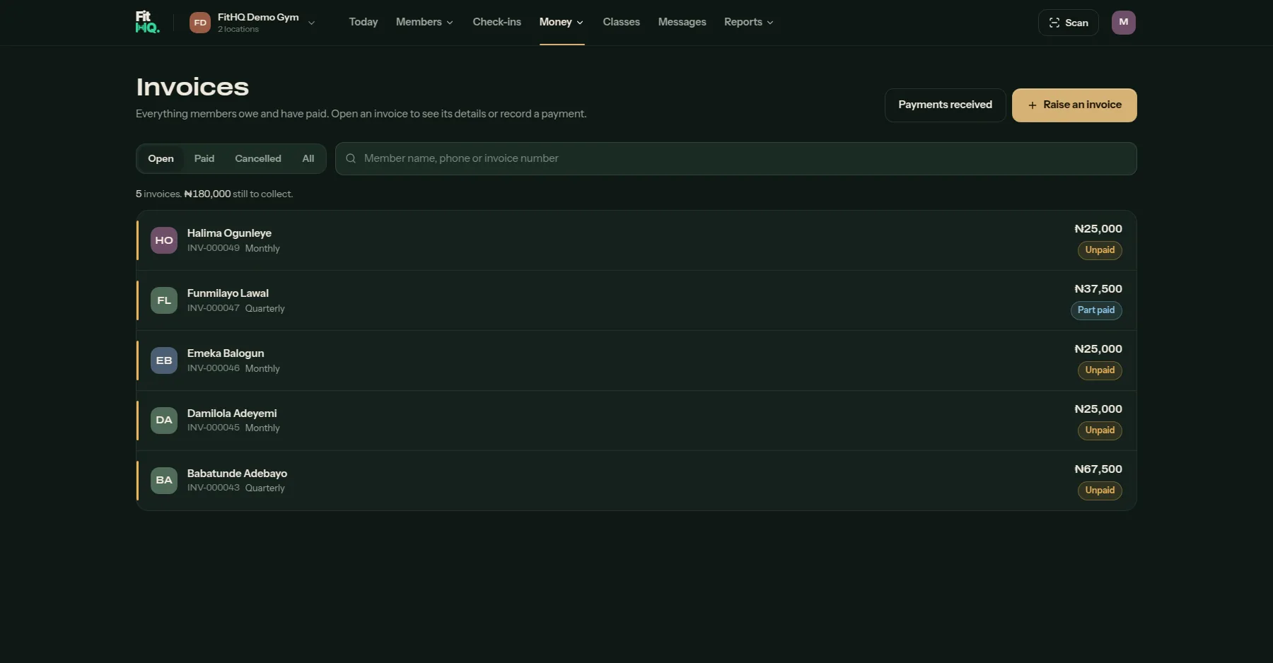 Invoices: open invoices for each member with the amount, unpaid or part paid.