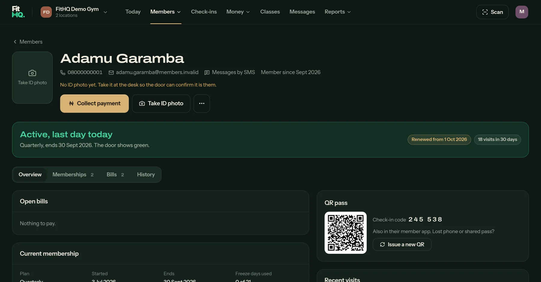 A member page: active on the last day of a quarterly plan, already renewed, with their QR pass, check-in code and recent visits.